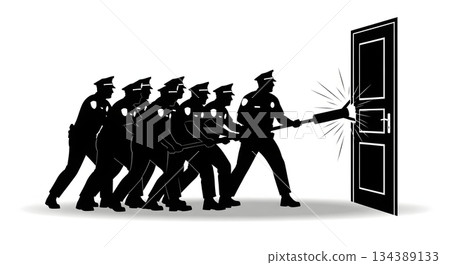 Police with Battering Ram Breaching Door Silhouettes 134389133