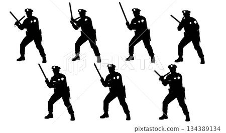 Police Officer with Baton in Defensive Stance Silhouettes Police Officer with Baton in Defensive Stance Silhouettes 134389134