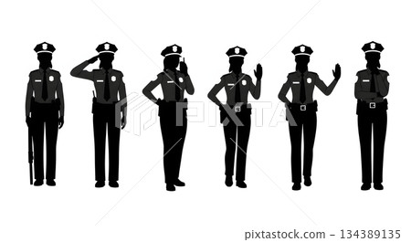 Female Police Officer Professional Poses Silhouette Set 134389135