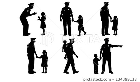 Police Officer Helping a Lost Child Silhouettes Police Officer Helping a Lost Child Silhouettes 134389138