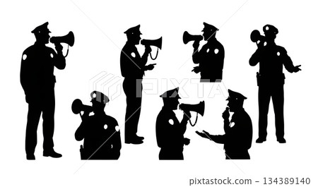 Police Negotiator with Megaphone Silhouettes Police Negotiator with Megaphone Silhouettes 134389140