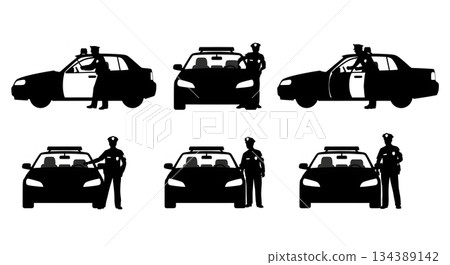 Police Officer Exiting Patrol Car Silhouettes Police Officer Exiting Patrol Car Silhouettes 134389142