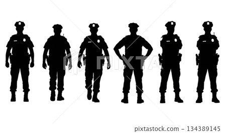Rear View Police Officer Silhouette Set Rear View Police Officer Silhouette Set 134389145