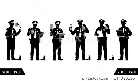 Police Officer with Fingerprint Kit Silhouettes Police Officer with Fingerprint Kit Silhouettes 134389150