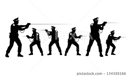 Police Officer Using Taser Silhouette Set 134389166
