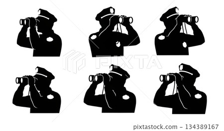 Police Officer with Binoculars Surveillance Silhouettes 134389167