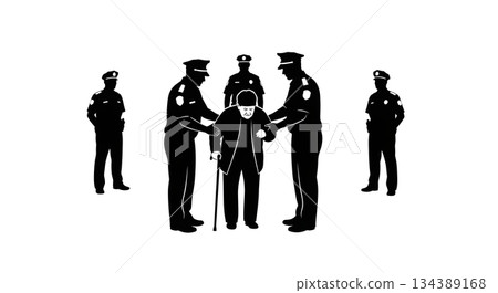Police Assisting Elderly Citizen Silhouettes 134389168