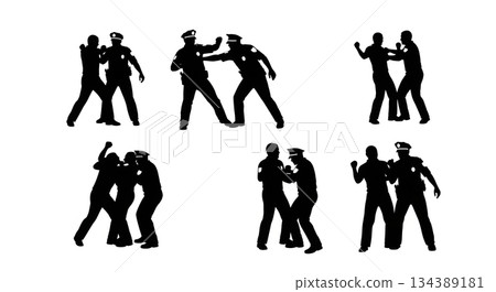 Police Officer Breaking Up Fight Silhouettes 134389181