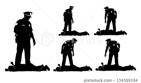Police Officer with Suspect on Ground Silhouettes 134389184