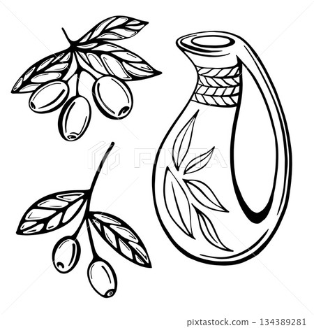 A hand-drawn set of olive branches and olive oil bottles isolated on a white background. Extra-virgin olive oil. Vintage style. Vector illustration in Doodle style A hand-drawn set of olive branches and olive oil bottles isolated on a white background. Extra-virgin olive oil. Vintage style. Vector illustration in Doodle style 134389281