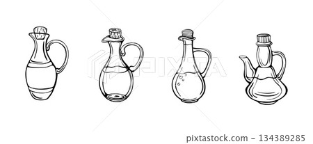 set of olive oil bottles. Extra virgin oil. 134389285