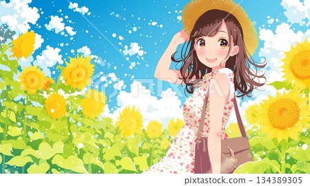 A woman walking in a sunflower field A woman walking in a sunflower field 134389305