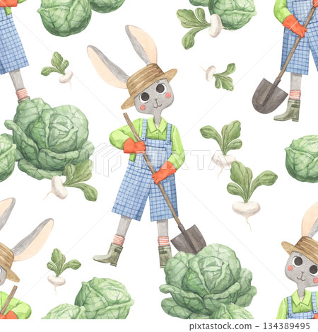 Watercolor pattern with a rabbit and cabbage 134389495