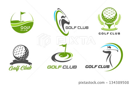 Golf club icons with vector sport ball on tee, flag in hole, golfer player with club and green course silhouettes. Golf sport game tournament or championship isolated symbols with laurel wreath 134389508