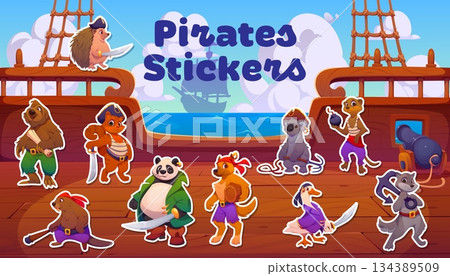 Animal pirate crew characters on ship deck vector stickers pack. Cartoon funny cat, panda, hedgehog and koala bear pirate captains, dog, duck and beaver corsair sailors, animal seamen crew characters 134389509