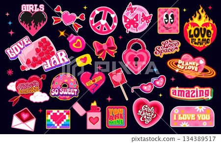 I love you y2k retro groovy stickers, Valentines heart funky patch labels with vector Valentines Day holiday gifts. Retro y2k pink heart candy and sunglasses stickers. Hippie love and peace symbols I love you y2k retro groovy stickers, Valentines heart funky patch labels with vector Valentines Day holiday gifts. Retro y2k pink heart candy and sunglasses stickers. Hippie love and peace symbols 134389517