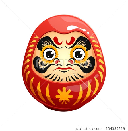 Cartoon Japanese angry red daruma toy. Japanese culture luck symbol , Asia Daruma doll. Asian Bodhidharma face vector character or Japan traditional samurai toy personage with evil looking eyes 134389519