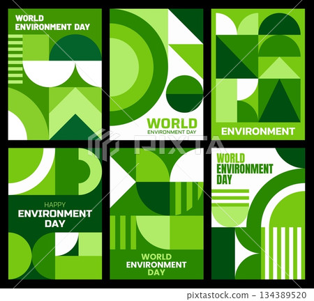 World environment day posters with geometric Bauhaus patterns. Ecology saving, world environment day vector banner or poster. Nature protection flyer with Bauhaus abstract, graphic green shapes 134389520