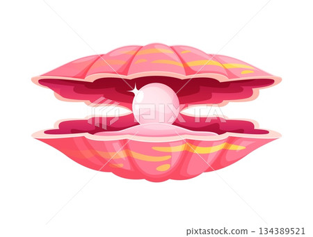 Cartoon marine shiny pink pearl mollusc shell. Underwater life valuable scallop isolated vector mollusk, marine precious pearl shell. Sea bottom rare seashell or ocean nature jewelry oyster clam 134389521