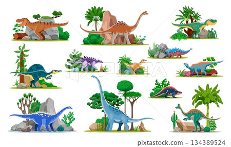 Prehistoric dinosaurs characters on nature scenery. Prehistoric Tyrannosaur, Pelorosaurus, Allosaurus and Oxalaia, Struthiosaurus, Velociraptor dinosaur cartoon vector characters among trees and rocks Prehistoric dinosaurs characters on nature scenery. Prehistoric Tyrannosaur, Pelorosaurus, Allosaurus and Oxalaia, Struthiosaurus, Velociraptor dinosaur cartoon vector characters among trees and rocks 134389524