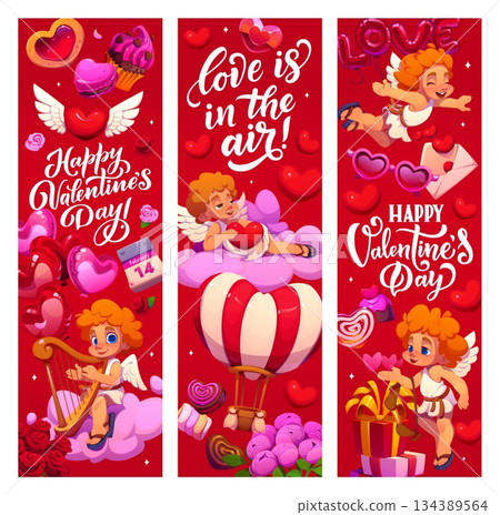 Valentine's day holiday banners with cupids. Love party vector poster, romantic day banner. Saint Valentine greeting card with sweets, heart balloons and flowers, cupids characters flying on clouds 134389564