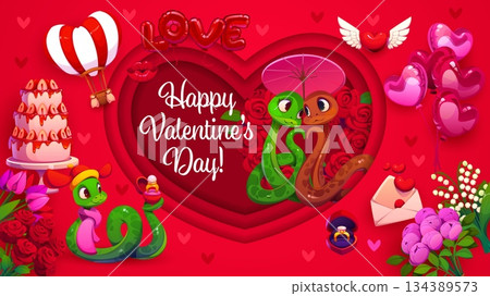 Paper cut Valentine's day holiday greeting card. Saint Valentine day papercut vector poster, romantic celebration or love holiday banner with snakes characters, dessert, flowers and engagement ring 134389573