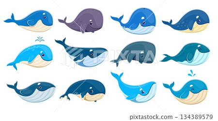 Cartoon whale characters, vector sea water animals set. Isolated cute blue, humpback and sperm whale personages of giant underwater mammal animals with happy smiles and water fountains Cartoon whale characters, vector sea water animals set. Isolated cute blue, humpback and sperm whale personages of giant underwater mammal animals with happy smiles and water fountains 134389579