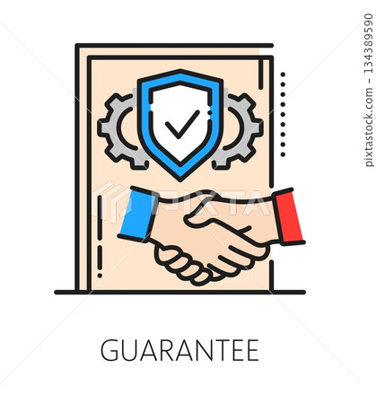 Product quality guarantee inspection icon or label. Product quality inspection icon, regulatory certification color line vector pictogram. Regulation control sign with handshake, shield and cogwheels Product quality guarantee inspection icon or label. Product quality inspection icon, regulatory certification color line vector pictogram. Regulation control sign with handshake, shield and cogwheels 134389590