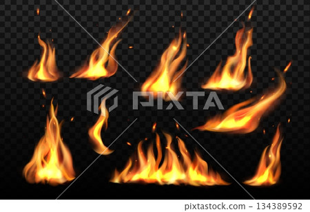 Realistic fire flames, burn torch and campfire effects isolated on transparent background. Vector 3d fire set with realistic hot flames, flying up sparks and smoke. Red and yellow fiery swirls Realistic fire flames, burn torch and campfire effects isolated on transparent background. Vector 3d fire set with realistic hot flames, flying up sparks and smoke. Red and yellow fiery swirls 134389592