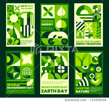 Environment ecology posters with green geometric Bauhaus patterns. Ecology protection geometric vector card, nature day Bauhaus pattern banner. Clean environment poster or flyer with green shapes Environment ecology posters with green geometric Bauhaus patterns. Ecology protection geometric vector card, nature day Bauhaus pattern banner. Clean environment poster or flyer with green shapes 134389594