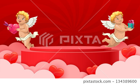 Red podium stand with cherub Cupids and love hearts, vector Valentine Day holiday. 3d round red stage, display stand or podium pedestal, cartoon cute Cupid angels with gift box and pierced heart 134389600