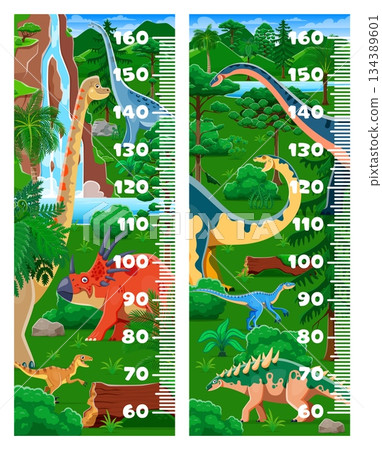 Kids height chart with cartoon prehistoric dinosaurs. Kids height measure vector chart with Brachiosaurus, Styracosaurus, Titanosauria Velociraptor and Polacanthus dinosaurs, prehistoric landscape 134389601