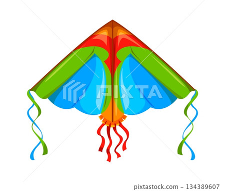 Festival triangular paper kite with wide blue wings, green and red accents, and long ribbon tails. Indian holiday or ethnic festival, child entertainment cartoon isolated vector kite or paper wing 134389607