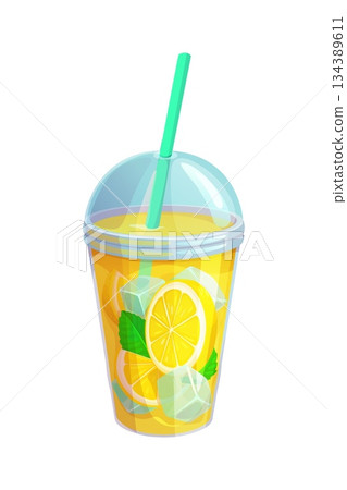 Cartoon takeout cup of lemonade, lemon juice refreshing drink. Citrus fruit delicious cocktail vector cup, fresh juice fastfood beverage. Summer refreshing drink or natural lemonade with ice and mint Cartoon takeout cup of lemonade, lemon juice refreshing drink. Citrus fruit delicious cocktail vector cup, fresh juice fastfood beverage. Summer refreshing drink or natural lemonade with ice and mint 134389611