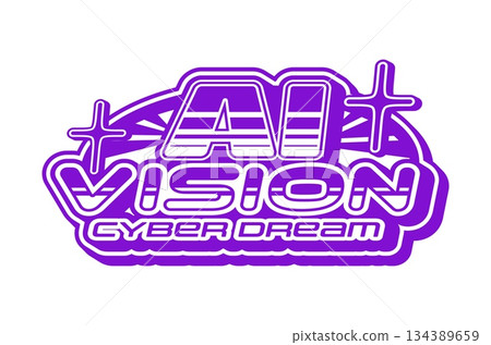 Computer ai vision and technology retro Y2K icon or symbol. Software and artificial intelligence vintage vector icon, 60s 70s sign. Computer technology Y2K symbol or element with abstract typography 134389659