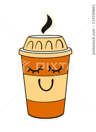 Fast food takeaway coffee character retro Y2K sticker or symbol. Fast food beverage Y2K vector label, takeout restaurant tag. Takeaway cafe patch with hot cappuccino, espresso drink cup personage Fast food takeaway coffee character retro Y2K sticker or symbol. Fast food beverage Y2K vector label, takeout restaurant tag. Takeaway cafe patch with hot cappuccino, espresso drink cup personage 134389661