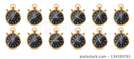Realistic classic stopwatch. Shiny golden metal chronometer, time counter with dial. Countdown timer showing minutes and seconds. Time measurement for sport, start, finish. Vector illustration Realistic classic stopwatch. Shiny golden metal chronometer, time counter with dial. Countdown timer showing minutes and seconds. Time measurement for sport, start, finish. Vector illustration 134389761