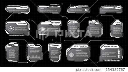White futuristic HUD, UI elements. Sci-fi user interface text boxes, callouts. Warning message frames, information boxes template. Modern game interface layout in digital style. Vector illustration 134389767