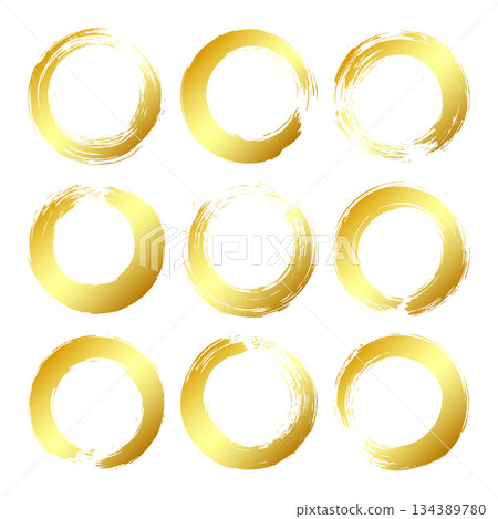 Golden grunge circles, brush strokes, lines, ink smudges, hand-drawn scribble shapes. Handmade sketchy marks, acrylic stains, charcoal streaks. Paint textures, dry brush effect. Vector illustration 134389780