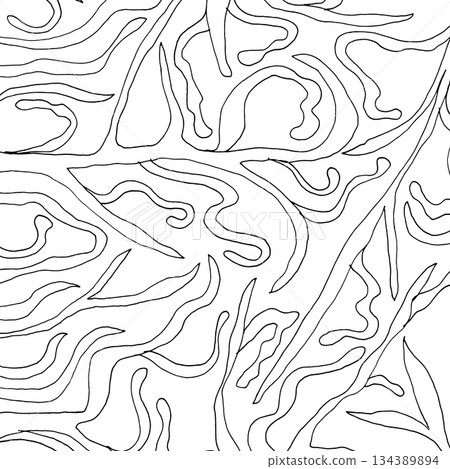 Abstract contour line background. Modern topographic pattern with organic curves and wavy lines. Minimal black and white vector texture perfect for posters, packaging, branding, and surface design. 134389894