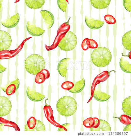Hand-drawn illustration of a seamless pattern with red chili peppers and fresh lime slices on a subtle striped background. Ideal for modern kitchen textiles, food packaging, and digital designs Hand-drawn illustration of a seamless pattern with red chili peppers and fresh lime slices on a subtle striped background. Ideal for modern kitchen textiles, food packaging, and digital designs 134389897