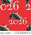 Seamless pattern with Asian elements on red background for happy Chinese new year of the Horse 2026, flyers, poster and banner. Black horse with white lines. 134389923