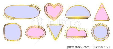 Blue and pink frames with gold contour, hand drawn vector doodle set. Empty shapes, place holder, text box, sale form. Triangle, sun, heart, oval, circle, clouds, square 134389977