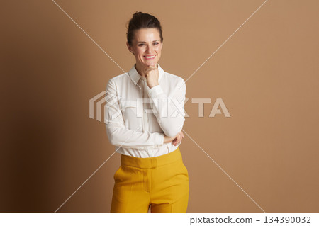 Thoughtful Businesswoman with Hand on Chin 134390032