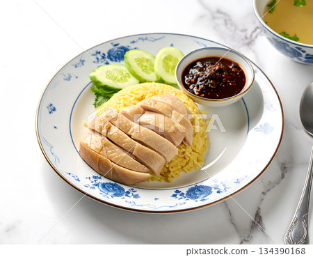 Hainanese chicken rice, steamed chicken with yellow rice and spicy sauce 134390168