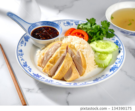 Hainanese chicken rice or Khao Man Gai with spicy sauce and clear soup. Hainanese chicken rice or Khao Man Gai with spicy sauce and clear soup. 134390175