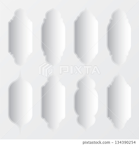 Islamic frames, oriental style objects. Arabic shapes, windows and arches with shadows. Traditional ornamental frame. Muslim holidays, Ramadan Kareem. Modern eastern architecture. Vector illustration 134390254