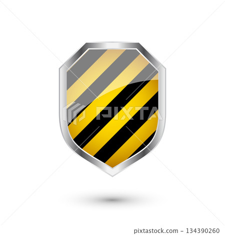 Glossy shield with yellow and black pattern. Security and protection concept. Cyber safety icons, internet privacy, web defense, digital data protection and antivirus themes. Vector illustration 134390260