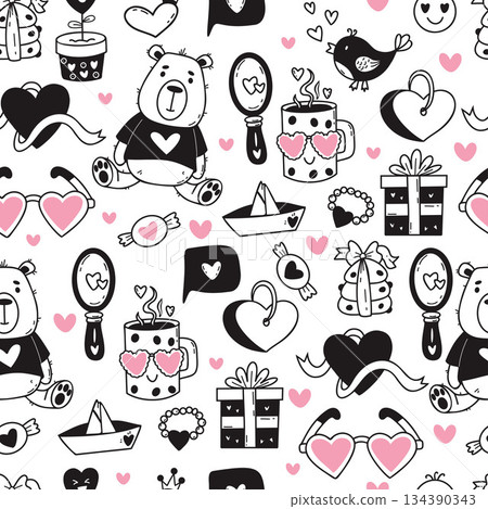 Valentine Seamless Pattern with Cute Bear Teddy, Hearts, Gift, Love Symbols and Cozy Objects. Romantic Repeating Doodle Backdrop Template. Vector Illustration. Not AI 134390343