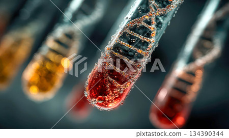 Test tubes with glowing DNA strands inside. Close-up. Concept of a futuristic laboratory of the future 134390344